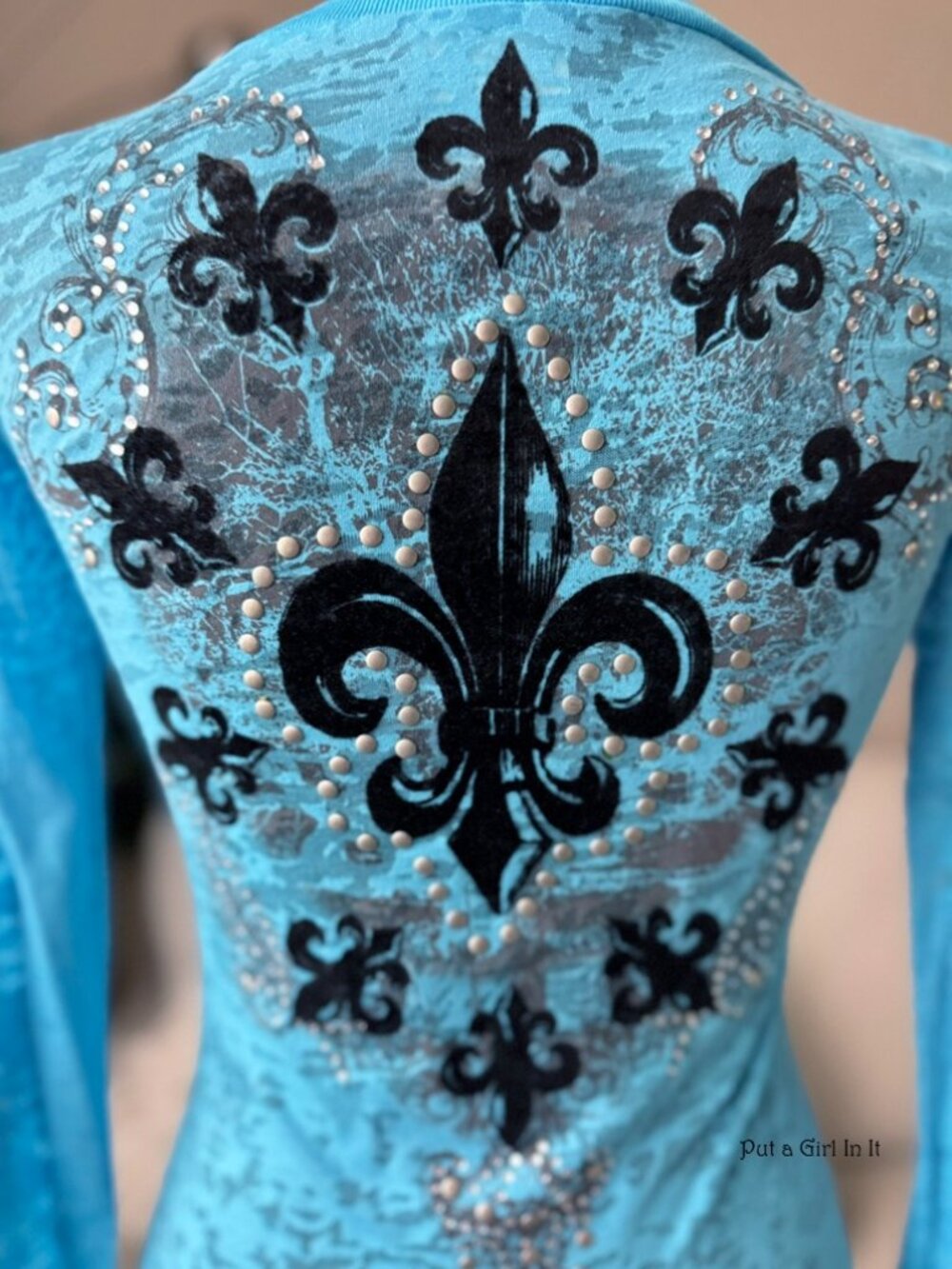 Vocal Apparel Women's Juniors Crystal Studded Blue Fleur De Lis Burnout Shirt S - Picture 4 of 4
